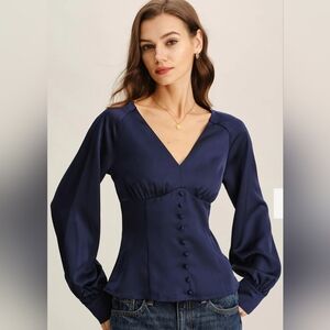 RIHOAS Deep Blue V-Neck Blouse